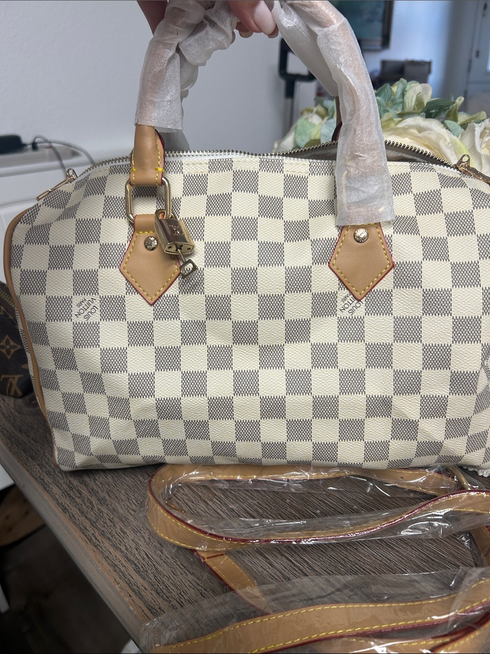 Cream Check Satchel with Tan Trim and Gold Hardware